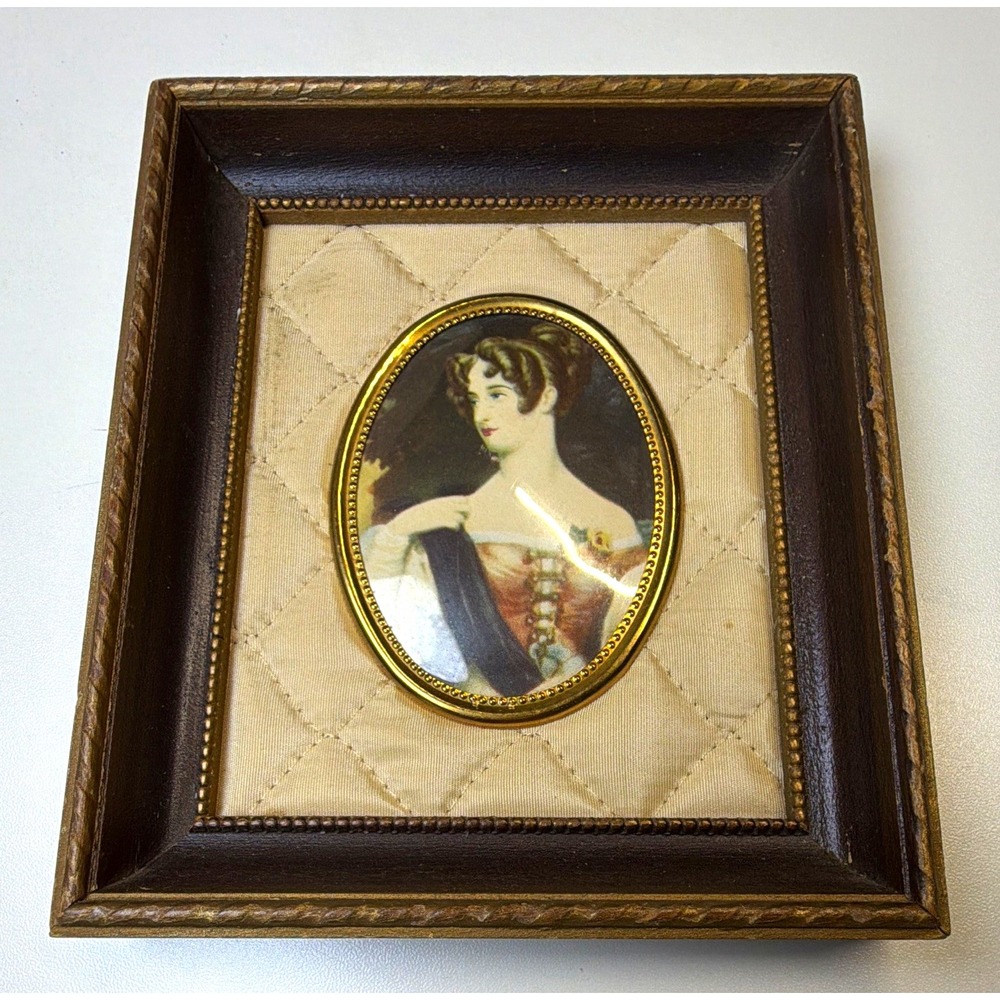 Vintage wood Framed Portrait Miniature Oval Regency Noblewoman Quilted Satin